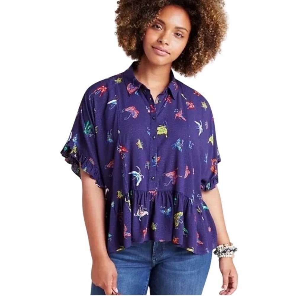 Maeve by Anthropologie Mallory Ruffle Butterfly Print Navy Button Up Blouse XS